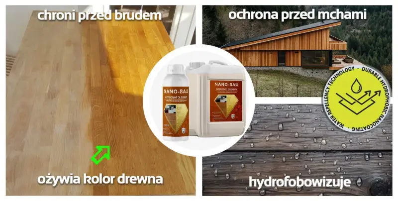 Bielenie drewna i jego ochrona przed brudem i mchami. Impregnat Nano-Bau ożywia kolor drewna i nadaje mu właściwości hydrofobowe.
